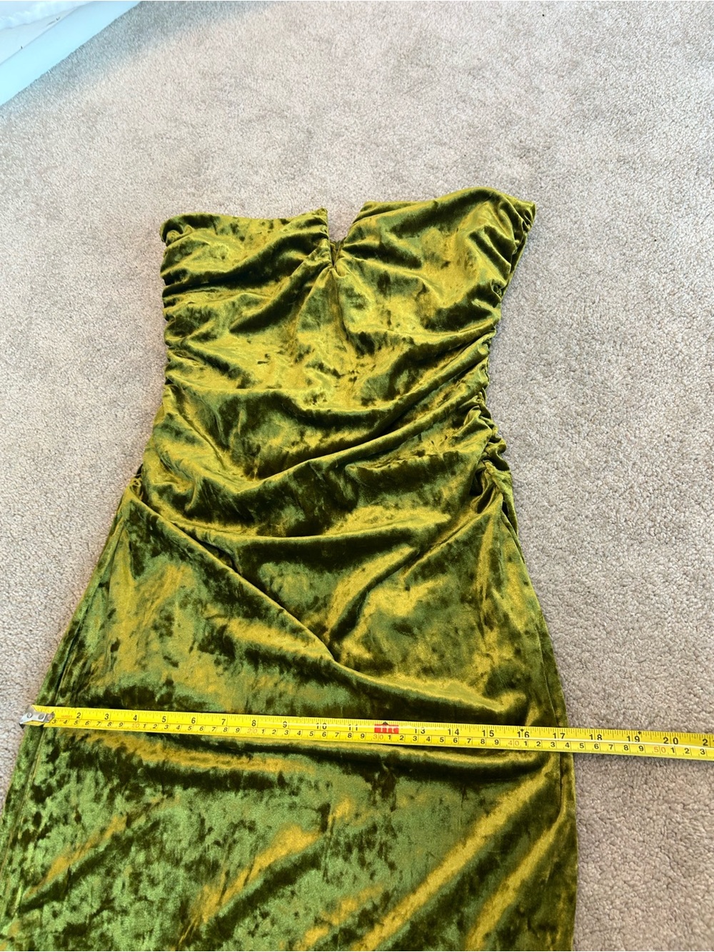 ZARA Olive Green Crushed Velvet Ruched Midi Dress Scarf Neck Size L NWT - Picture 11 of 16